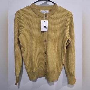Mustard Waffle Knit Cardigan NWT Button Front Fall Sweater Size S